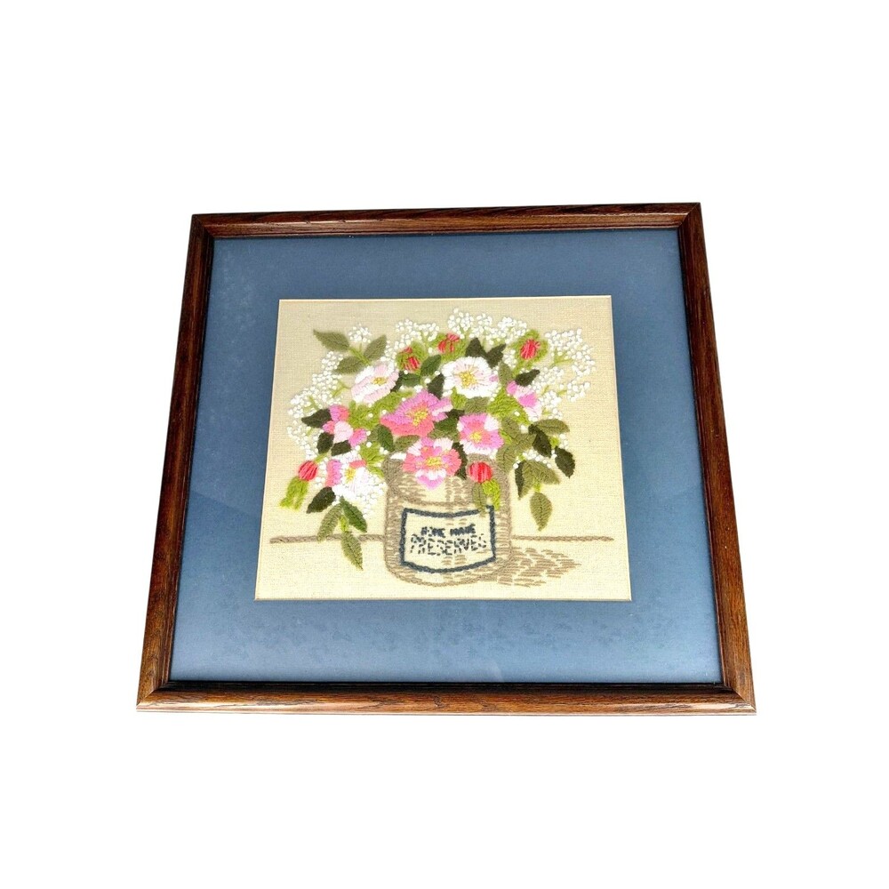 Paragon Framed Crewel Needlework  Wool Yarn Art  Wild Rose ready to hang 70's
